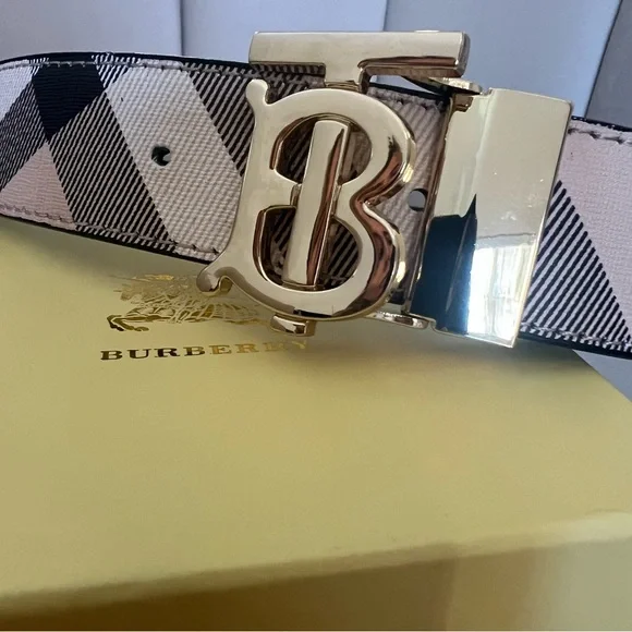 Burberry Monogram Check TB Logo Gold Buckle Plaid Belt Beige Gold Luxe Holiday - Picture 7 of 17